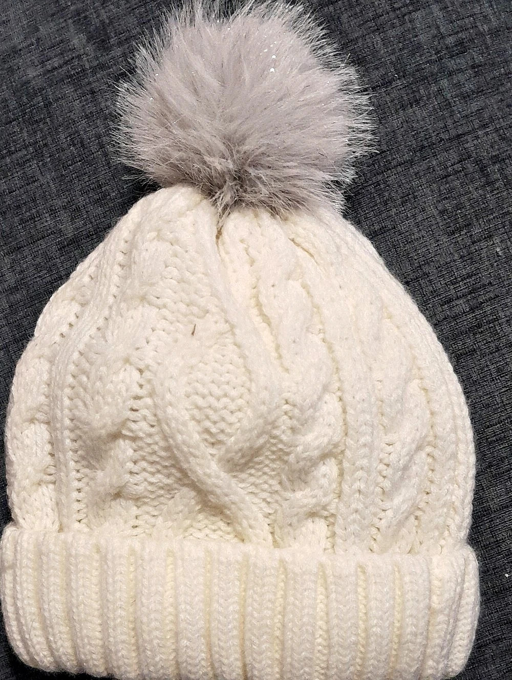 Lands End Cable Knit Sparkling Pom Hat in White Like New M/L